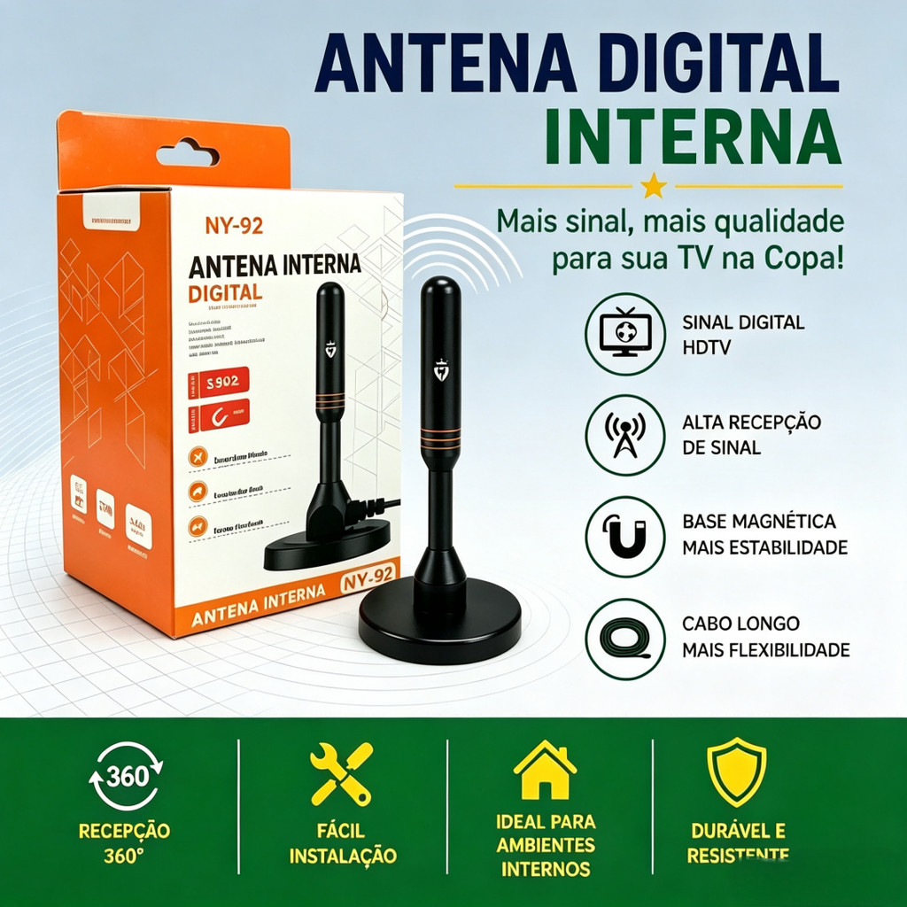 Antena Digital HDTV UHF VHF FM Interna e Externa Cabo 3mt /5mt Prova D'água Base Imã Amplificada 3,5 dbi