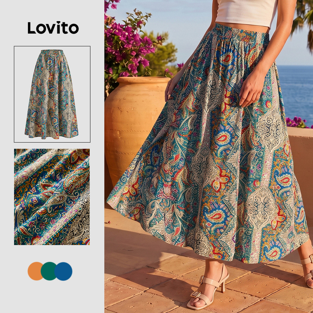 Lovito Férias Saia Feminina Saia Tropical Drapeada Verão/primavera LBL08213