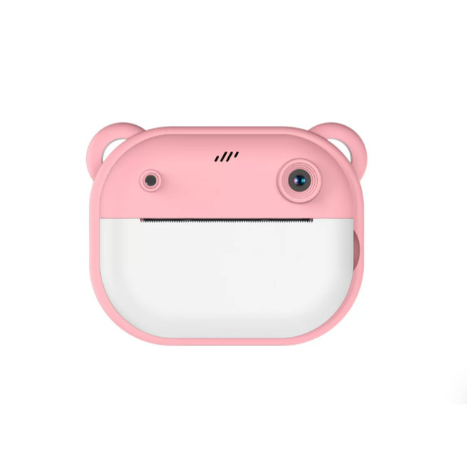 Câmera infantil instantânea na cor rosa com design de ursinho, lente frontal e saída para impressão térmica na parte inferior.
