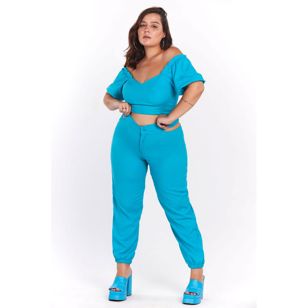Calça Feminina Jogger Recorte Cintura Planet Girls Azul Médio