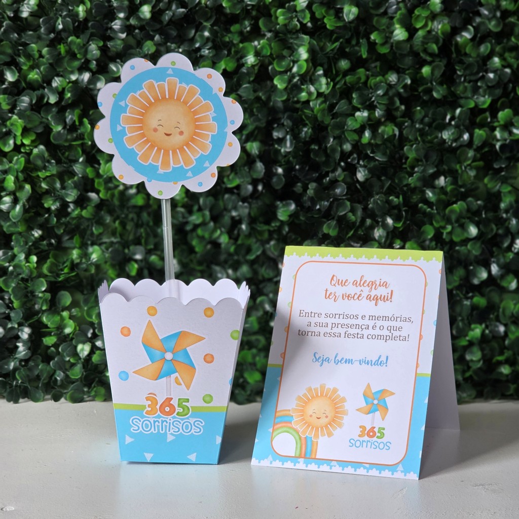 Centros de mesa + Plaquinhas 365 SORRISOS MENINO festa infantis lembrancinhas de aniversario decoração personalizados