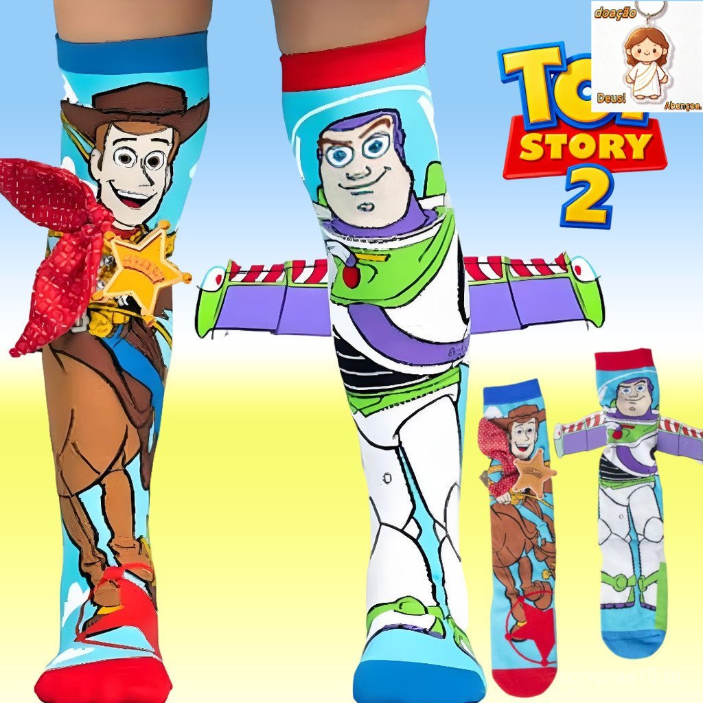 Meias Infantil Toy Story Buzz Lightyear e Woody 3D 3 a 99 Anos Meias Cano Alto Infantil Maluca Divertida Personagens