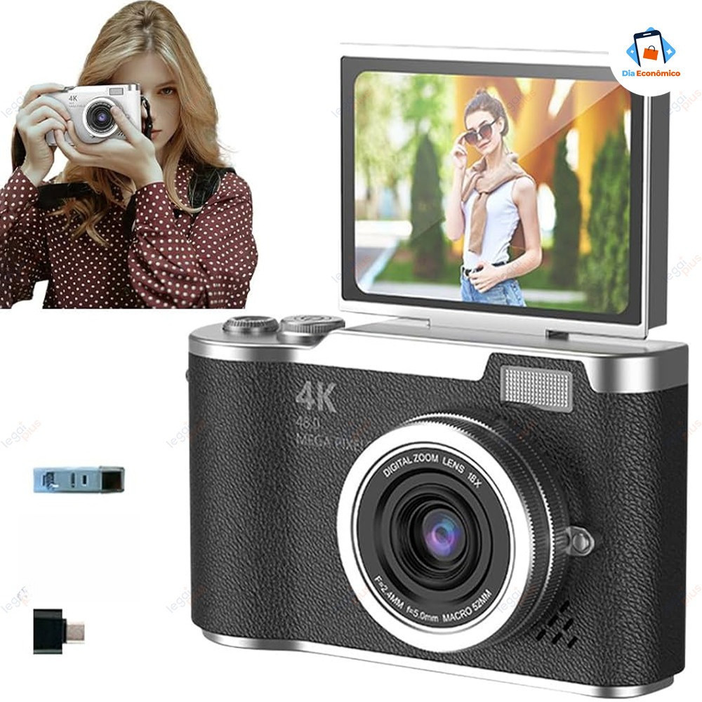 Câmera Digital 4K com Tela Flip 180° Ideal para Selfies Zoom 8x CCD 48MP Compacta Estudantil