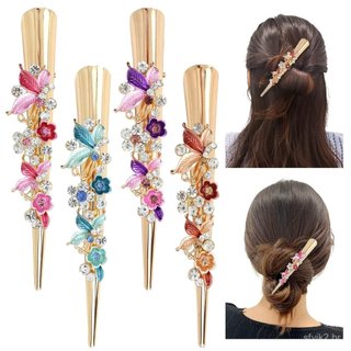 Conjunto de 4 peças Dizila de presilhas de metal grandes e longas com flores e borboletas de strass brilhantes, presilha