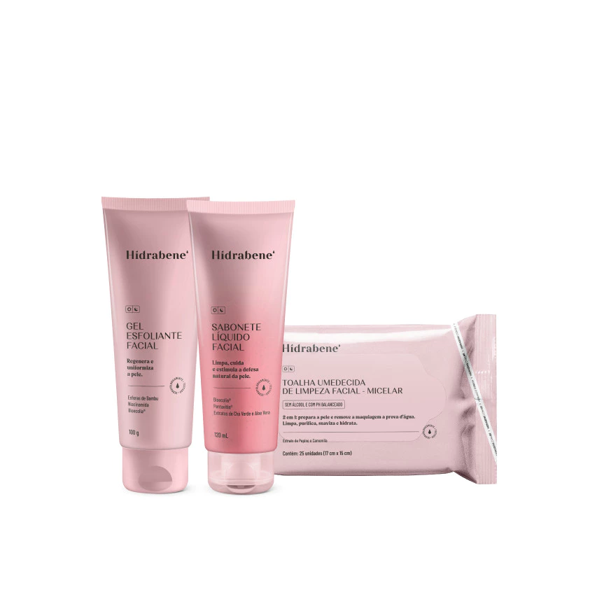 Kit Cuidado Diário - Sabonete líquido facial 120ml + Gel esfoliante 100g + Toalha umedecida micelar facial