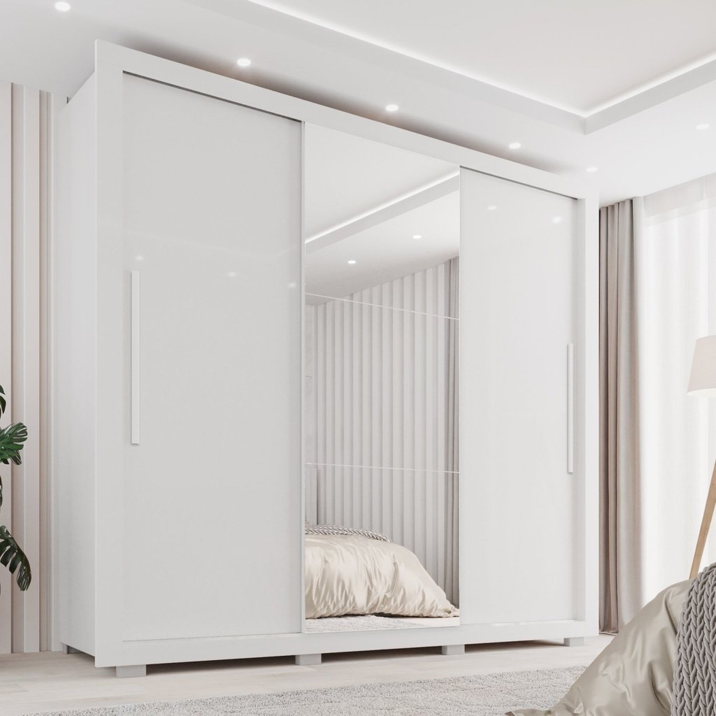 Guarda-Roupa Casal 3 Portas com Espelho Central 4 Gavetas com Pés Costa Rica Branco Branco