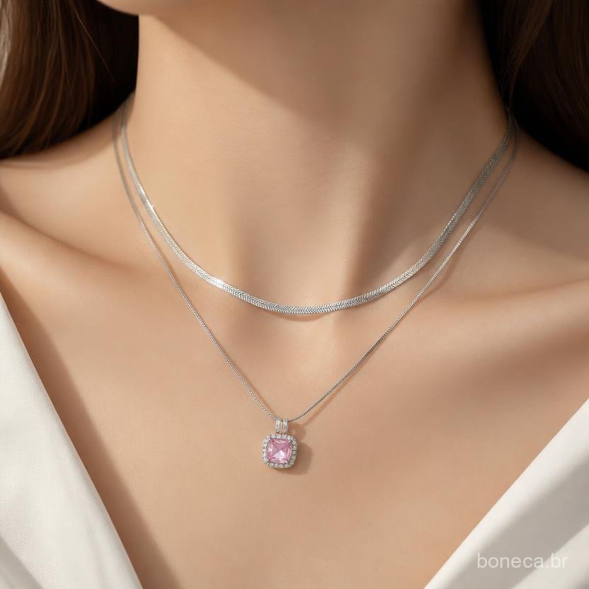 Colar de strass quadrado de dupla camada mais vendido, pingente de moda de luxo leve e de alta qualidade para atacado