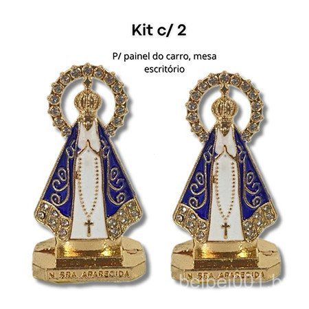 Kit 2 Imagens Nossa Senhora Aparecida Metal Com Lustre Para Carro , Mesa , Escritório