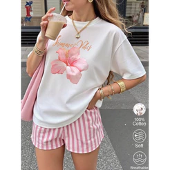 Camiseta Feminina Flor De Hibisco Verão Estilosa Tendência 100% Algodão Summer Praia Moda Estilosa Blusa Camisa T-shirt