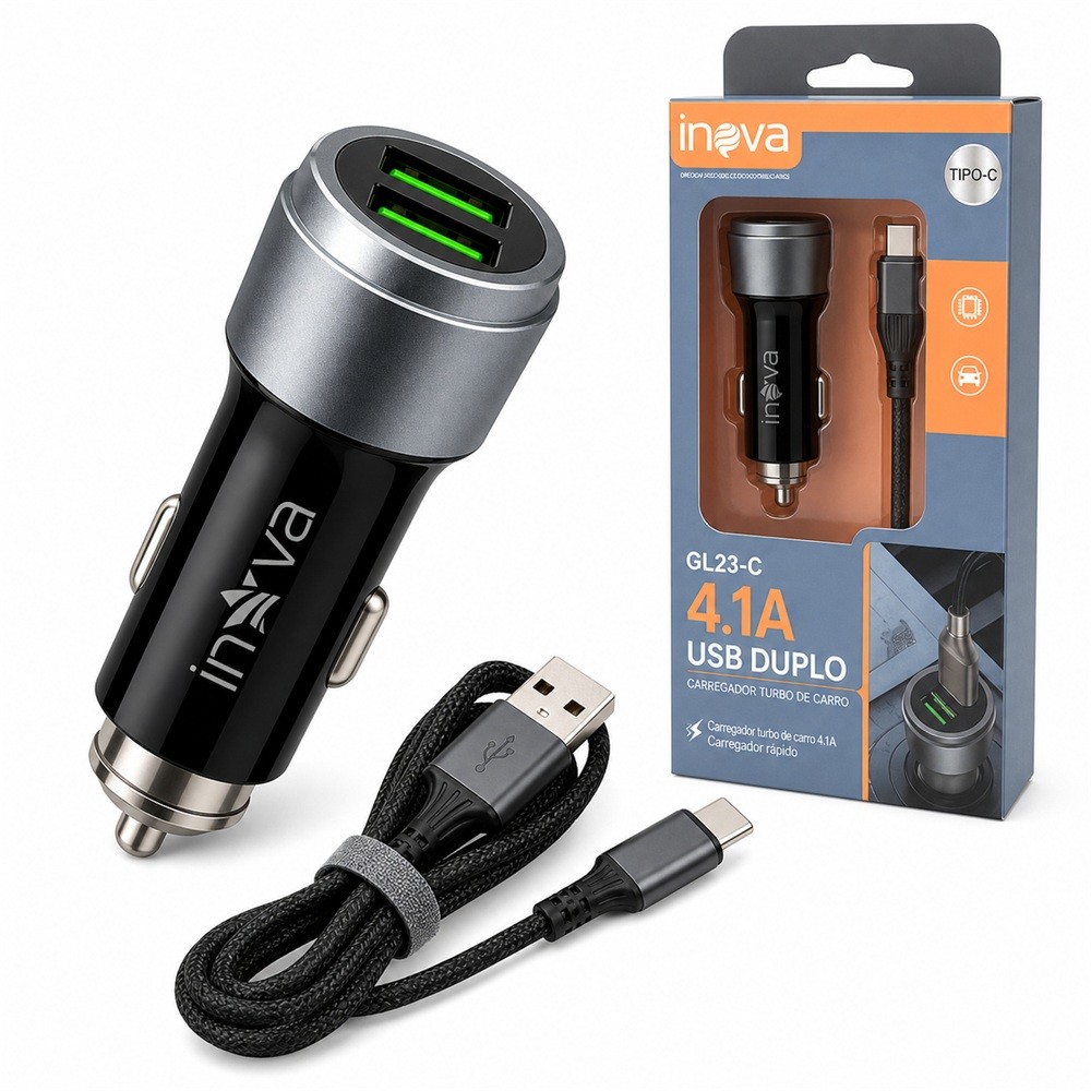 Carregador Veicular INOVA GL23-C Turbo 12V com 2 Portas USB 4.1A e Cabo Tipo-C - Cor Dourado