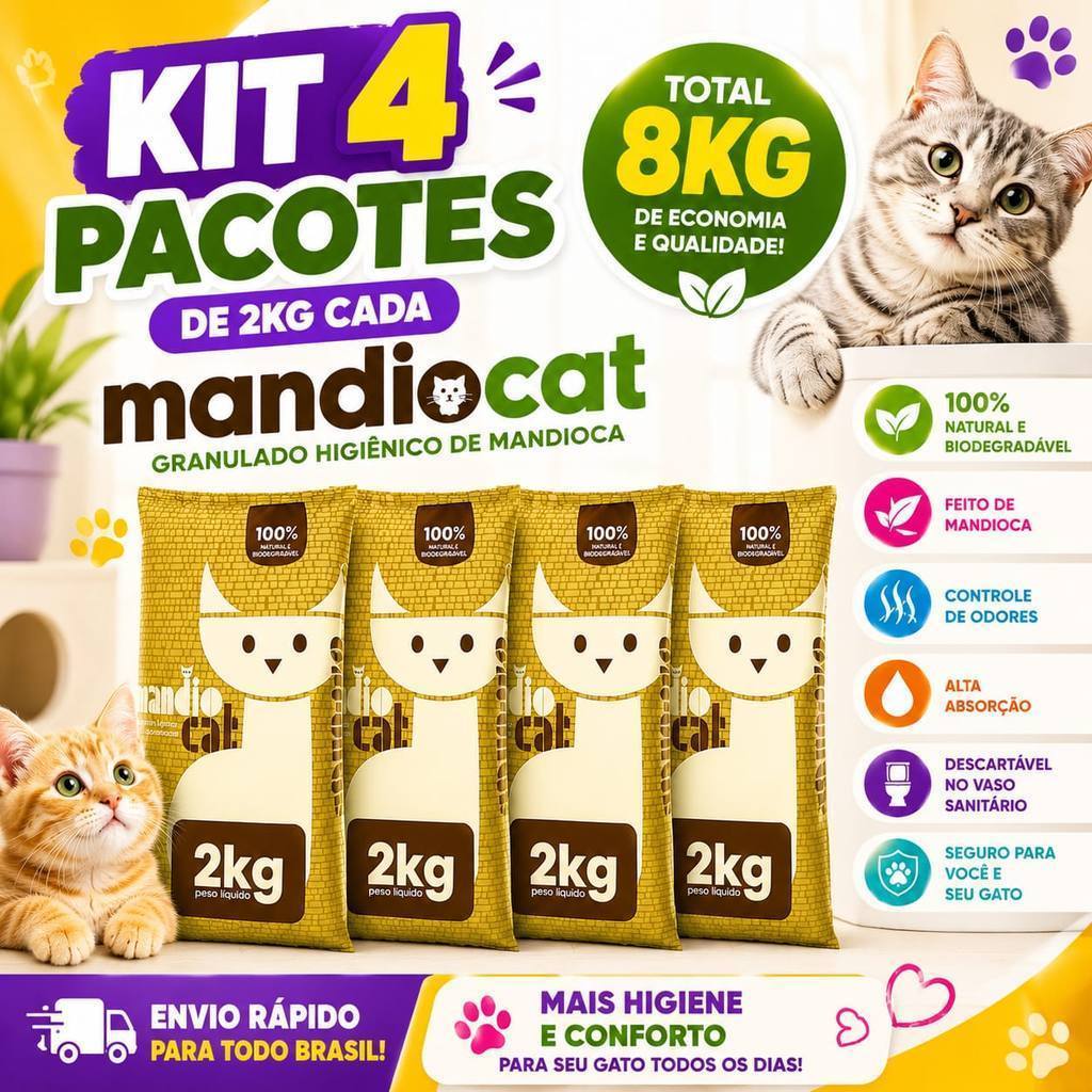 Kit 4 Areia MandioCat 8kg Higiênica Pet Gato Zero Odor Sanitária 100% Natural - Envio Rápido