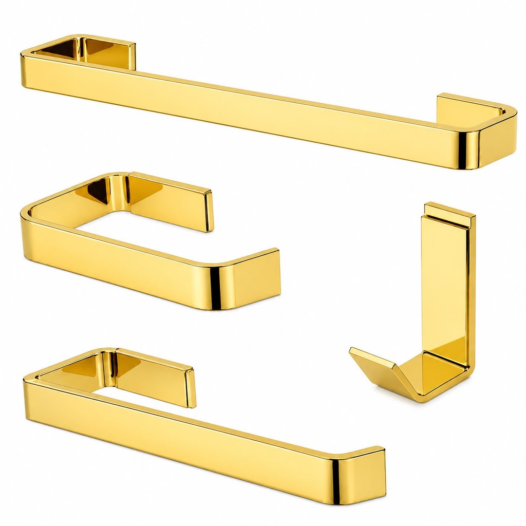 Kit de Acessórios para Banheiro 4 Peças Dourado Vergalhão Porta Toalha Papeleira e Cabide
