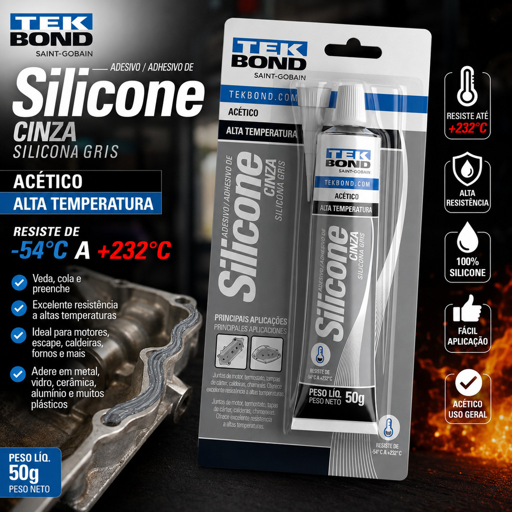 Silicone Alta Temperatura Acético Cinza Tekbond 50g