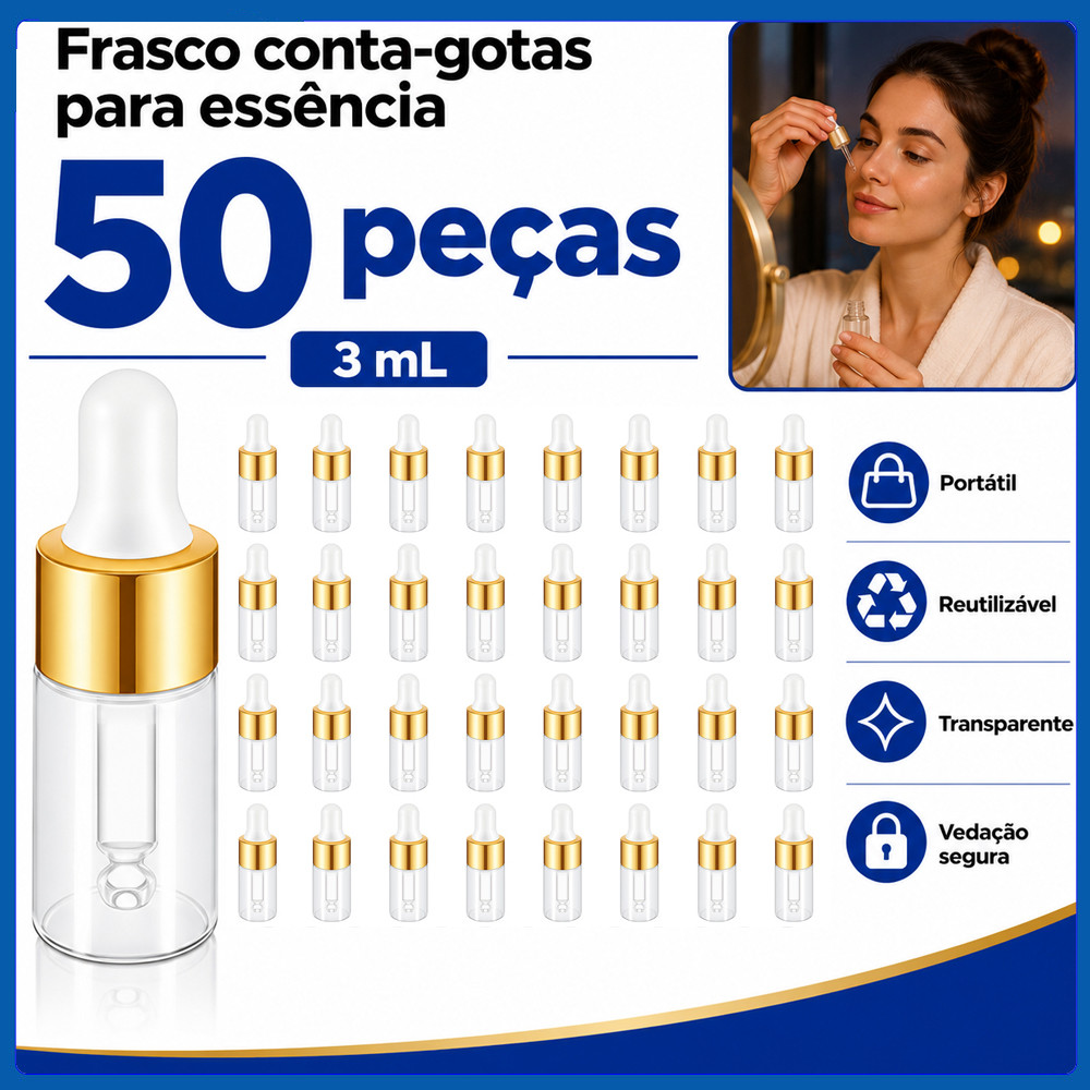 Tubos Conta-Gotas de Vidro 3mL Dourado 50 Peças para Perfumaria, Maquiagem, Essências, Amostras e Uso Profissional