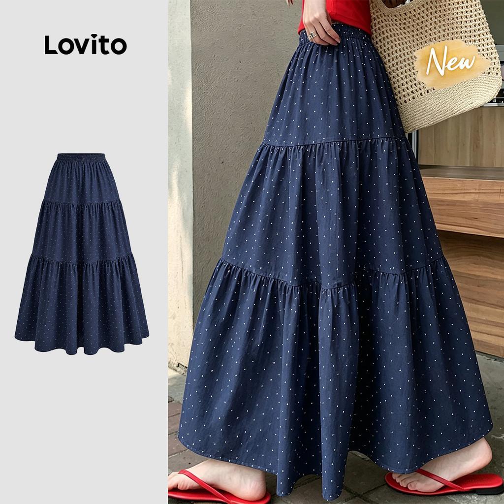 (New Arrival) Lovito Saias Casuais Estampa Lazer Primavera/verão Azul Escuro par