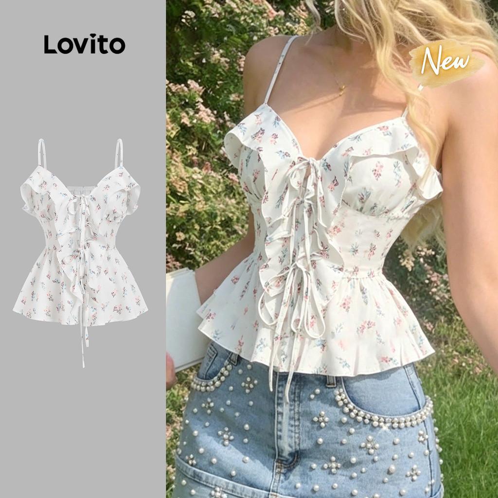 (New Arrival) Lovito Top Boho com Babado Estilo Primavera/verão Off White para M