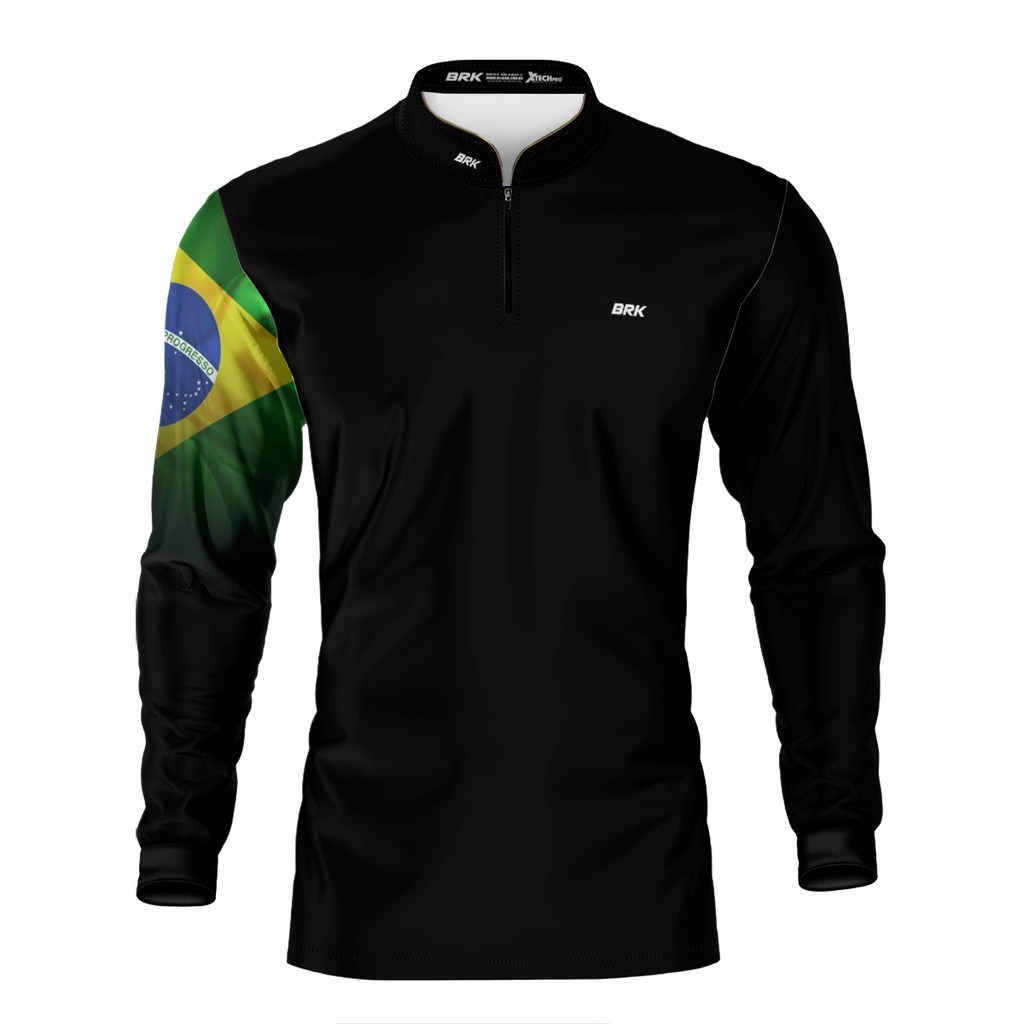 Camisa Camiseta de Pesca Preta Brk Bandeira do Brasil com Proteção Solar UV50+