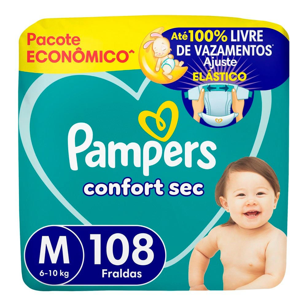 Fralda Pampers Confort Sec Tamanho M 108 Unidades Descartáveis Pacote Econômico