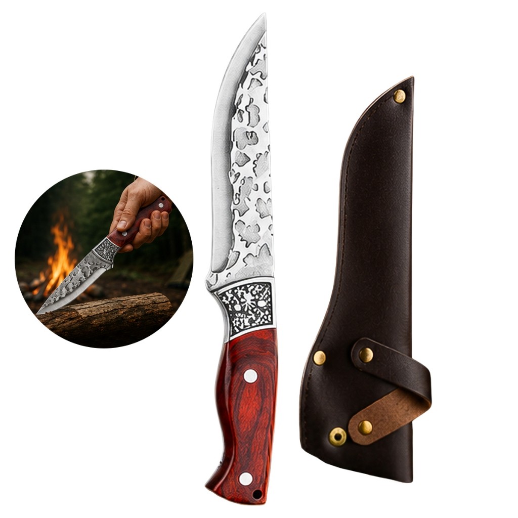 Faca Rústica 25,7cm Aço Forjado Profissional Com Bainha Cabo Ergonômico Churrasco Açougue