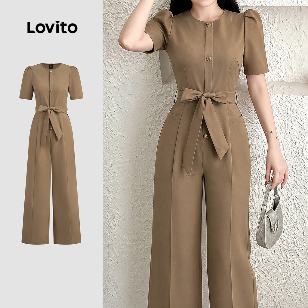 (New Arrival) Lovito Macacão Casual Estrutural para Primavera/verão Cor Caqui fe