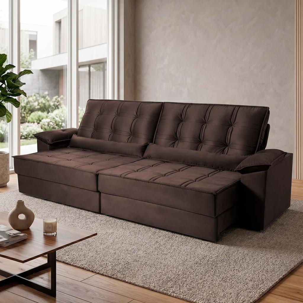 Sofá Retrátil Reclinável 2,50m Ascari Suede Velut Marrom molas Ensacadas - King House