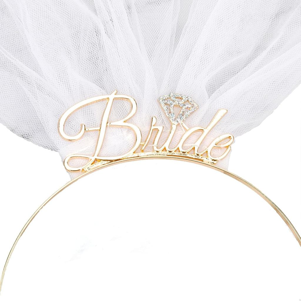 Tiara de Noiva com Véu, Dourada, 1 Unidade (Pacote com 1), Tiara para Festa de Noivado, Chá de Panela, Despedida de Solt