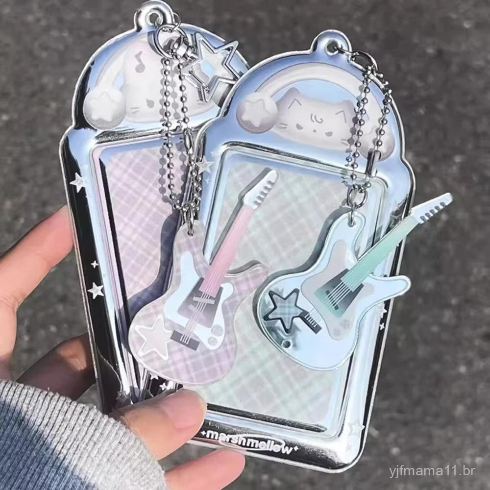 Porta-cartões de fotos Kpop com design de gato fofo, feito de material PVC, vem com um chaveiro e pingente de acrílico, 