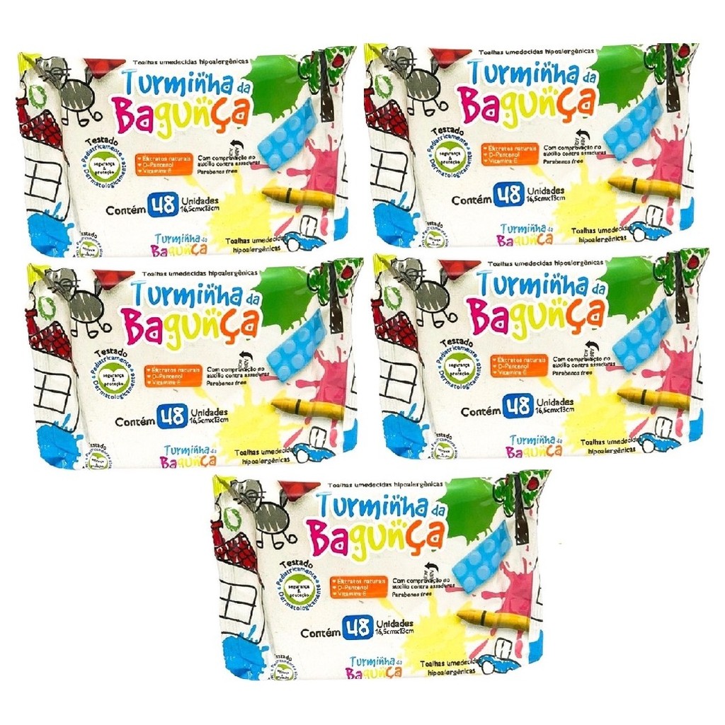 Kit com 5 - Lenço Umedecido Turminha da Bagunça Toalha Umedecida 48 Unidades