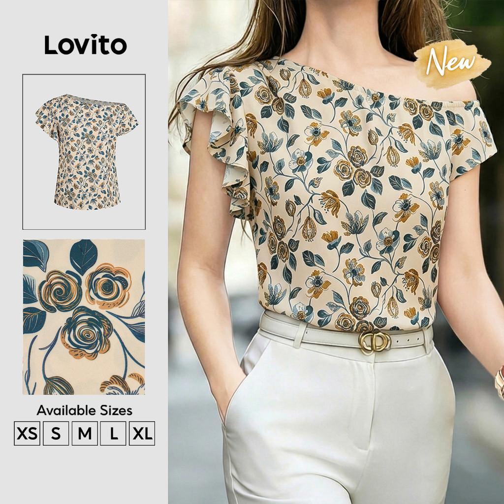 (New Arrival) Lovito Blusa Boho Ombro a Fora Flores com Babados Cáqui Primavera/verão para Mulheres BLB201P1D192