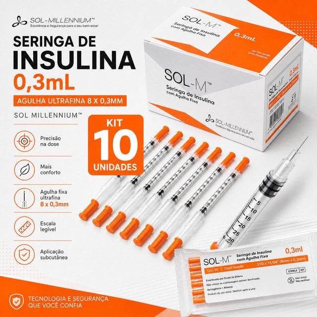 Kit 10 Unidades Seringa para Insulina 0,3mL 30UI Agulha Ultrafina 8mm x 0,3mm Sol Millennium