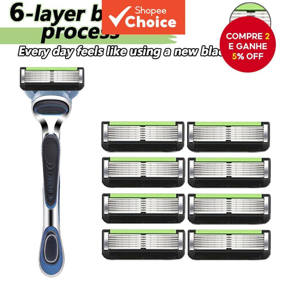 Navalha Clássica de 6 Camadas com Lâminas de Segurança para Barbear Masculino - 1 cabo + 8 lâminas, Compatível com