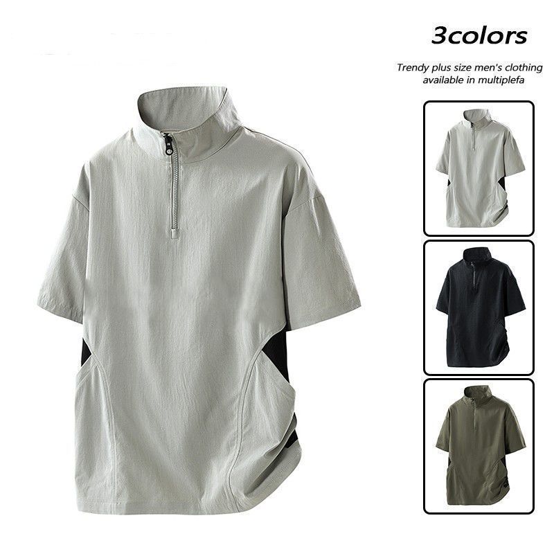 H meio zíper de secagem rápida manga curta masculina verão estilo fino respirável lazer ao ar livre esportes camiseta go
