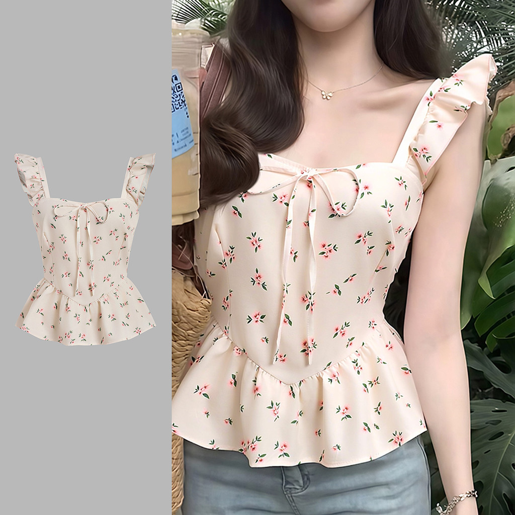 (New Arrival) Lovito Top Boho Plissado com Laço Frontal - Blusa Feminina para Pr