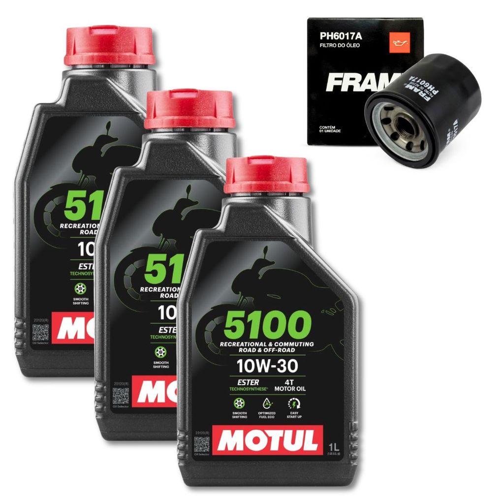 Kit 3L Óleo Motor Motul 5100 10W30 4T 1L + Filtro FRAM CB 500F CB 500X Hornet CBR 500R CB 1000RR Shadow XL 700 Transalp