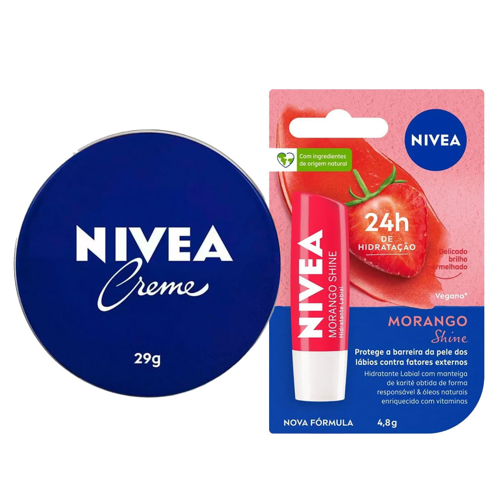 Kit Nivea Care Creme Hidratante Latinha Azul 29g + Hidratante Labial Morango Shi