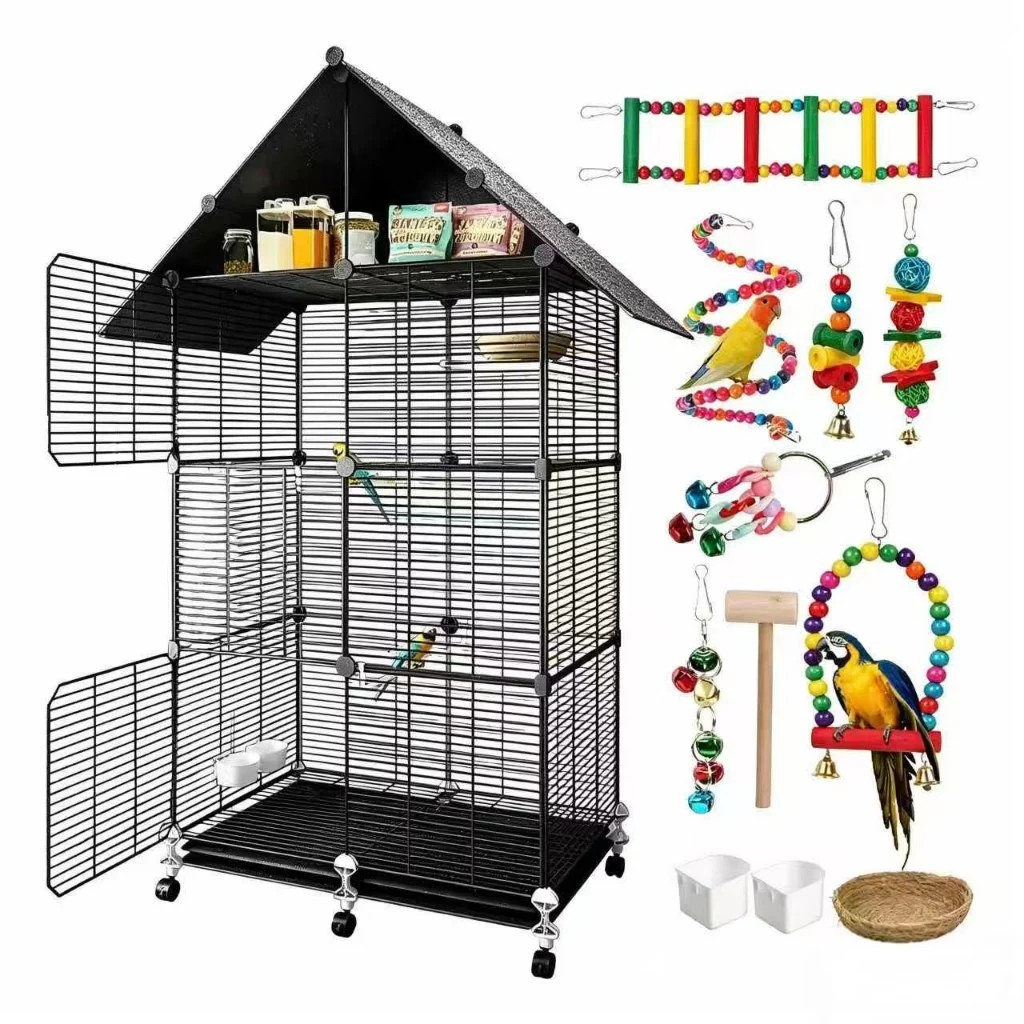 Gaiola Preta Grande Móvel De 3/2 Andares Com Teto E Brinquedos,Grande Móvel Para Calopsita Kit Ave