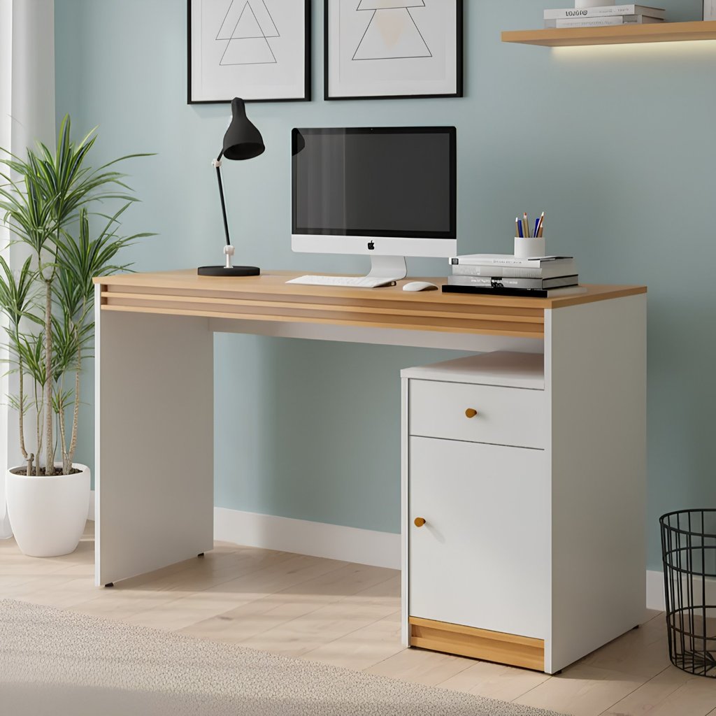 Escrivaninha Mesa Escritório Madrid 1 Porta 100% MDF 120cm Naturalle/Off White