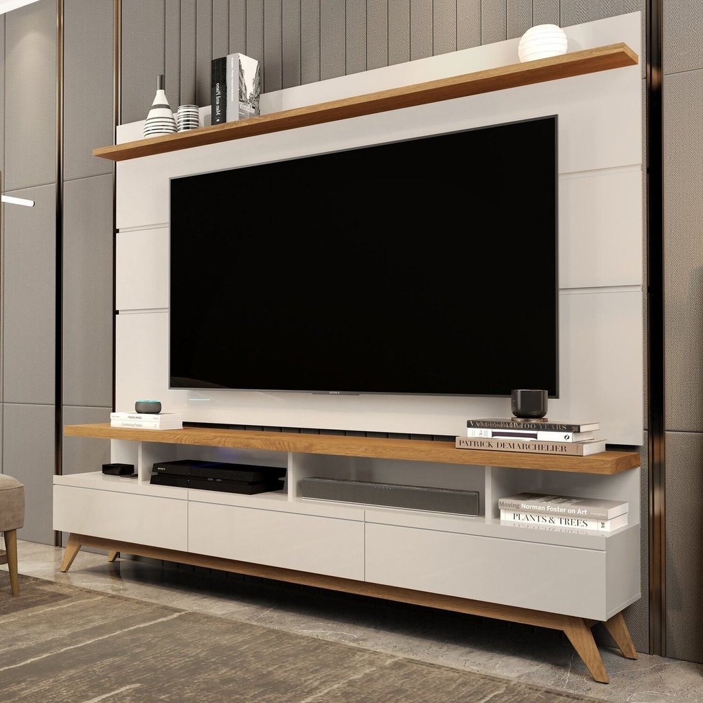 Rack com Painel para TV até 72 Polegadas MDF 180cmx195cm Pés em Madeira Maciça Vivare Bege Off White/Nature Off