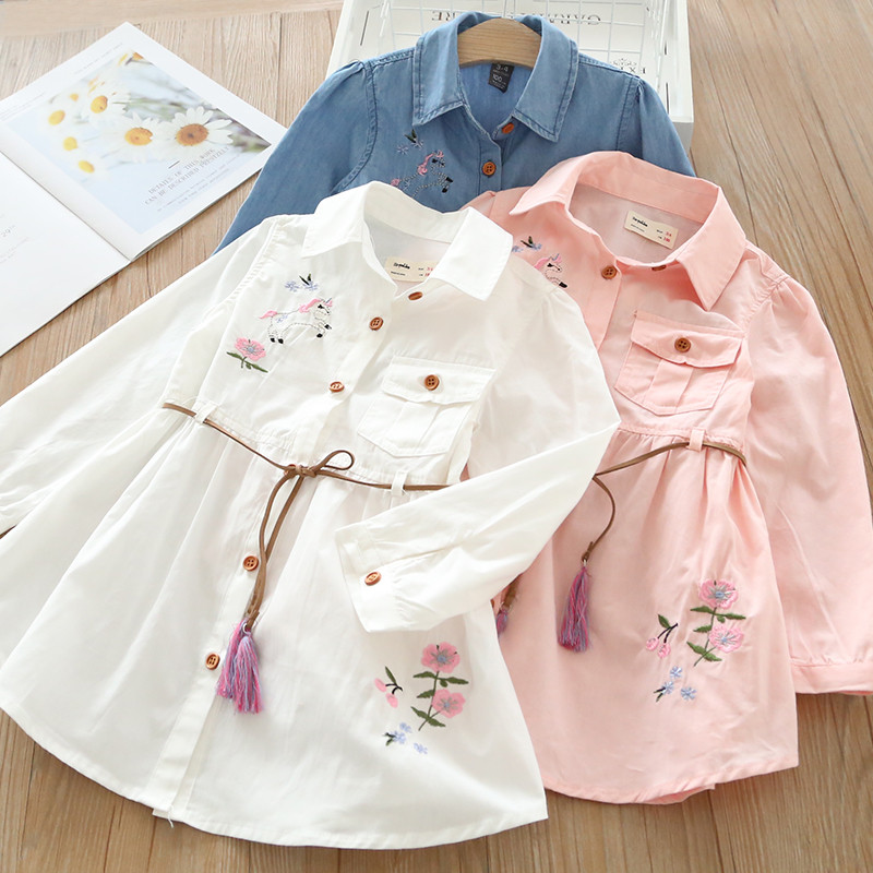 Meninas bordado flor vestido primavera novo estilo comércio exterior crianças bebê puro algodão Denim dos desenhos anima