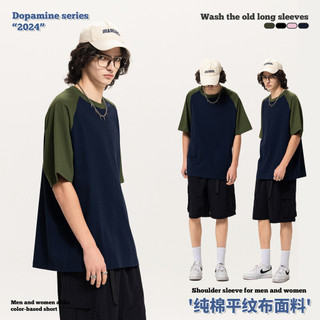Re Ready Stock Roupas masculinas|270G pesado manga Raglan camiseta de manga curta masculino feminino mesmo estilo Retro 