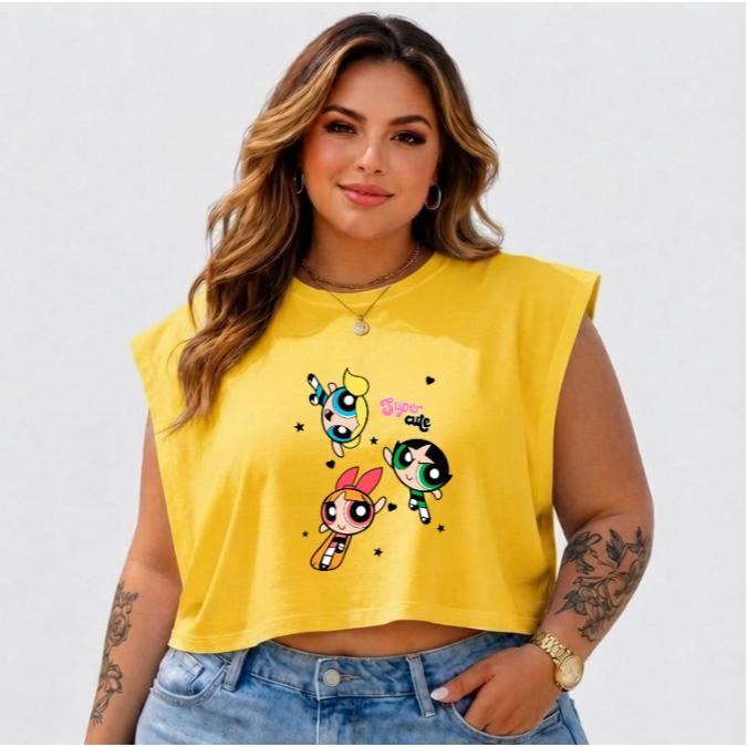 Cropped Feminino Regata Plus Size Oversized Poderosas Básico Casual Verão 100% Algodão Tendência