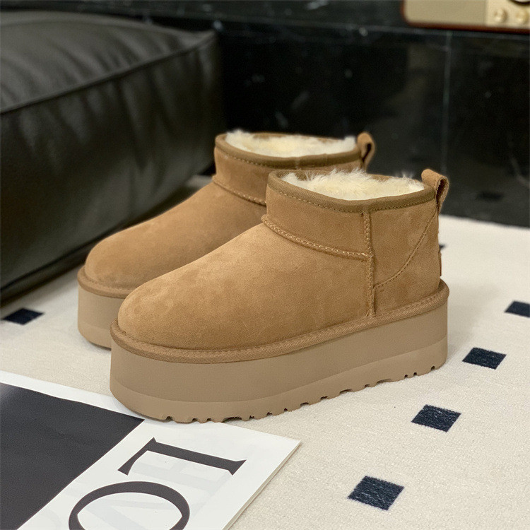 Botas de neve de sola grossa para mulheres da Henan Sanpo, novo modelo de inverno, couro e pele integrados, forradas com