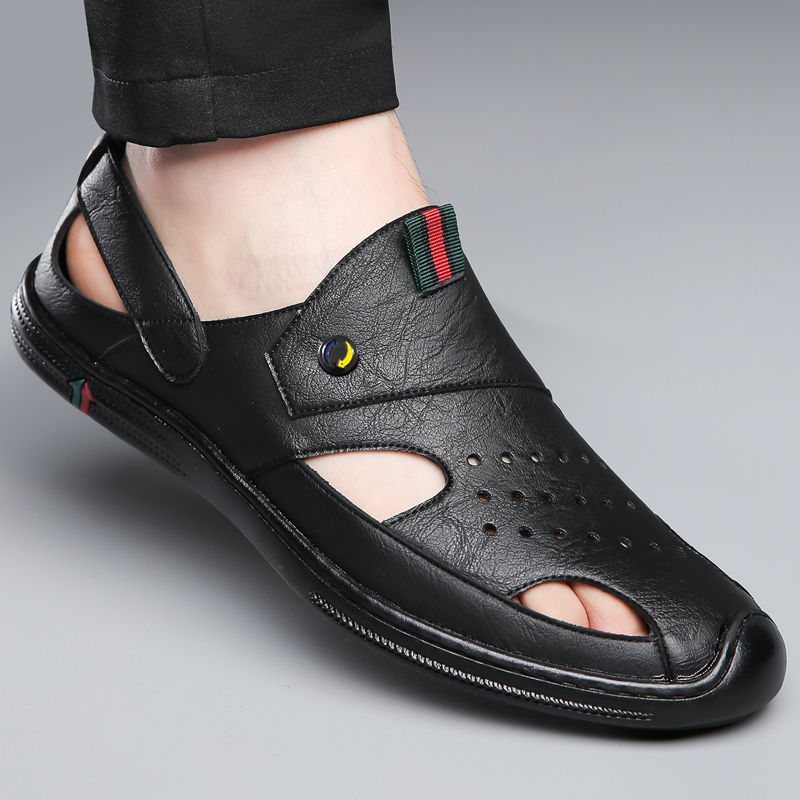 Sandálias masculinas 2024 novo estilo sandálias masculinas sapatos de couro genuíno respirável oco oco sapatos de praia 