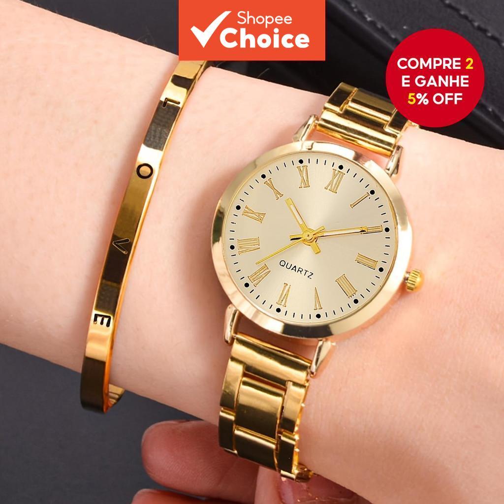 Senhoras Relógio Conjunto 2 Pçs Ouro Aço Inoxidável Pulseira De Quartzo Fino Moda Estudante Presente Feminino Luxo