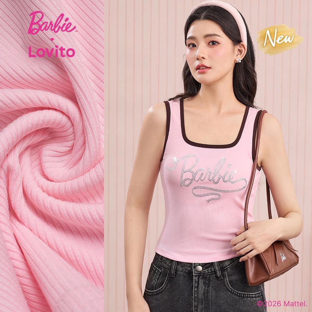 (New Arrival) Barbie™ X Lovito Top Casual Rosa Com Padrão Acabamento Em Contraste E Strass Para Mulheres primavera/verão TKBL6PAD008