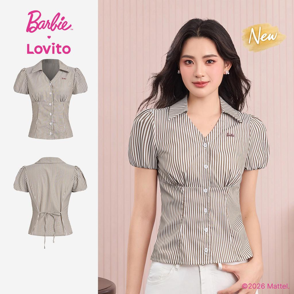 (New Arrival) Barbie™ X Lovito Blusa Casual Feminina Marrom Botão E Laço Bordado primavera/verão BLBL6PAD012