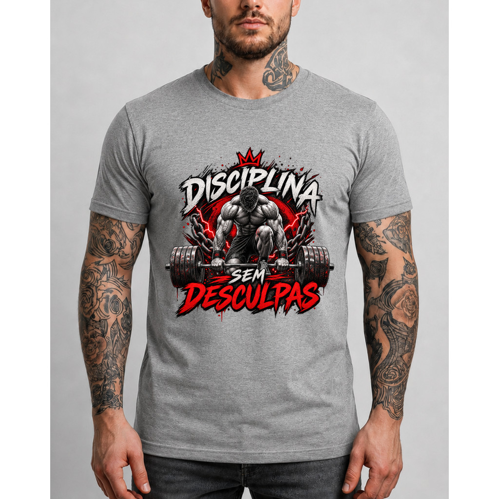 Camiseta Masculina 100% Algodão Academia “Disciplina Sem Desculpas” – Estampa Fitness Musculação, Confortável e Estilosa