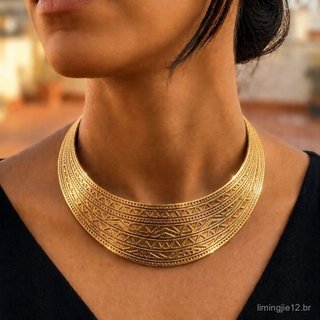 Colar Gargantilha Egípcia Deusa Dourado Prata Elegante Moderno