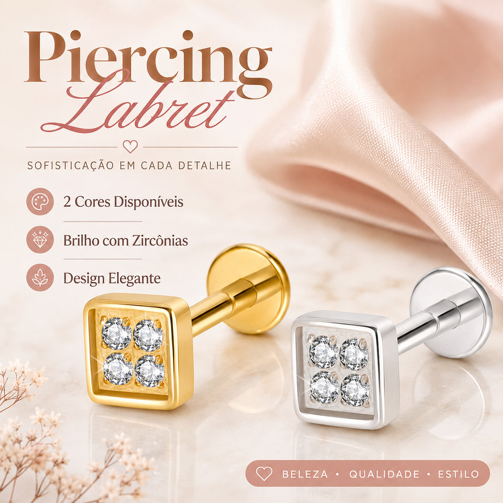 Piercing Labret Quadrado em Titânio PVD com 4 Mini Zircônias para Hélix, Tragus, Conch e Orelha