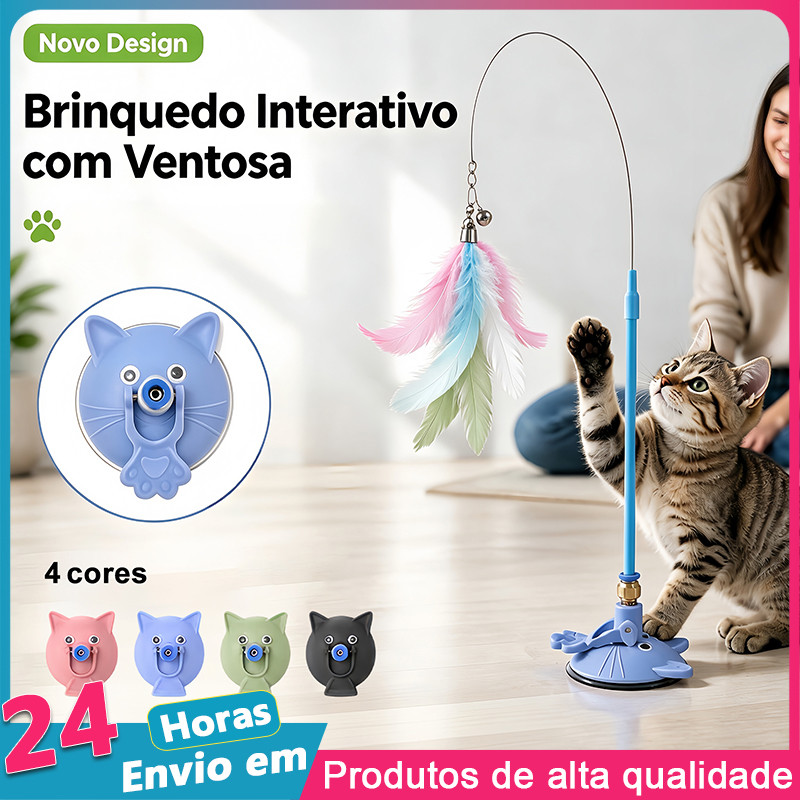 Brinquedo Interativo Varinha Pena Com Ventosa Com Sino Fixa No Chão Parede Para Gatos Adultos e Filhotes